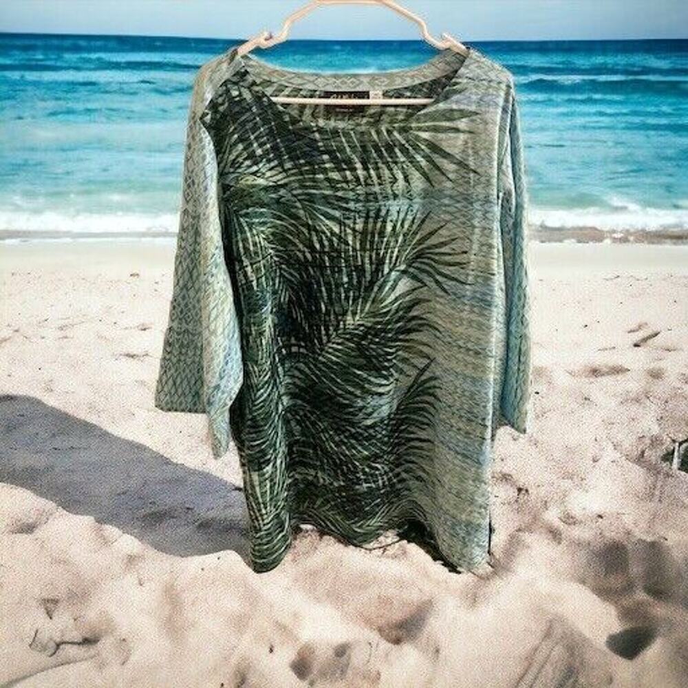 Bob Mackie Wearable Art Green/Blue Palm Leaf Print 3/4 Sleeve‎ Tunic Top SIZE 3X